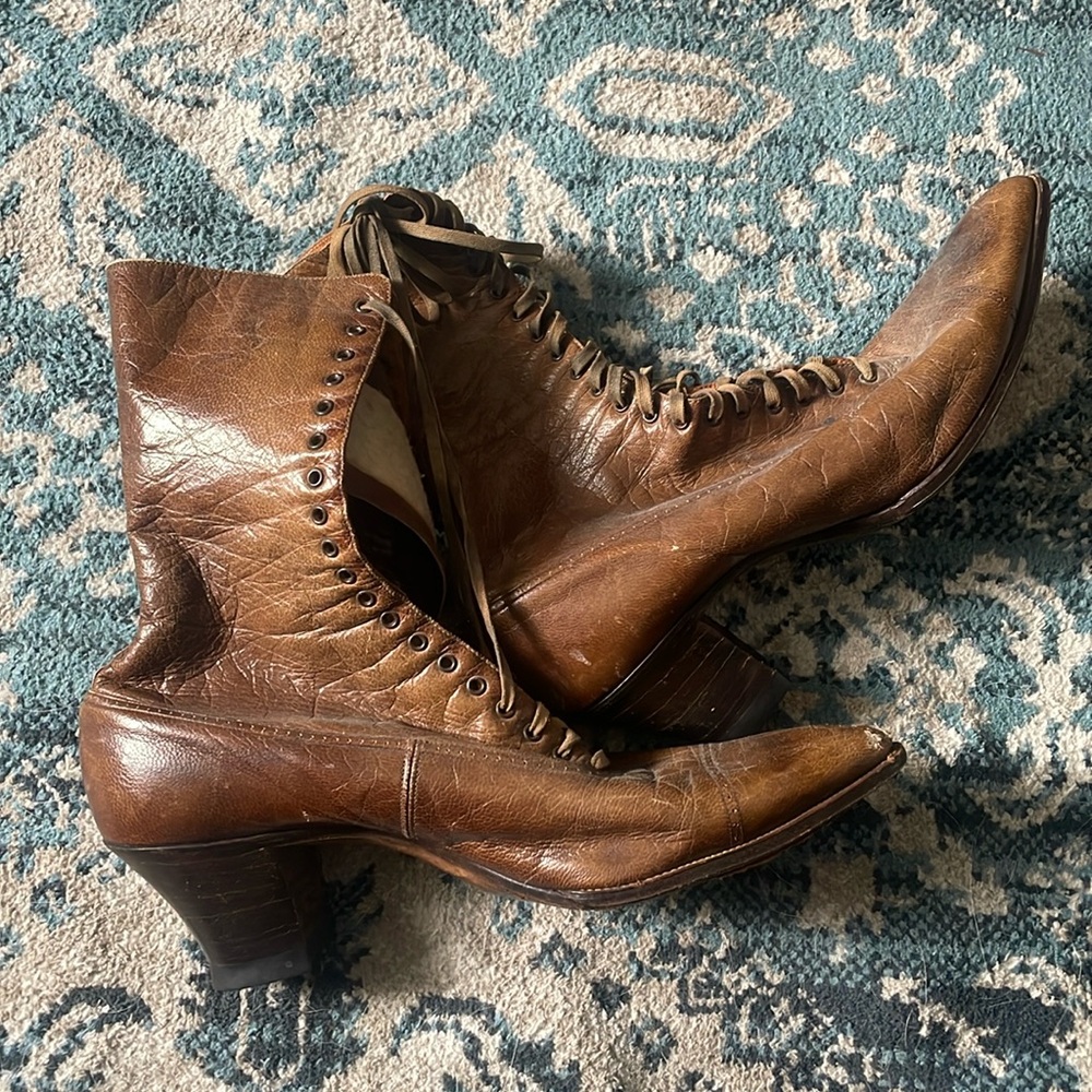 vintage antique Victorian brown lace up boots sz 7